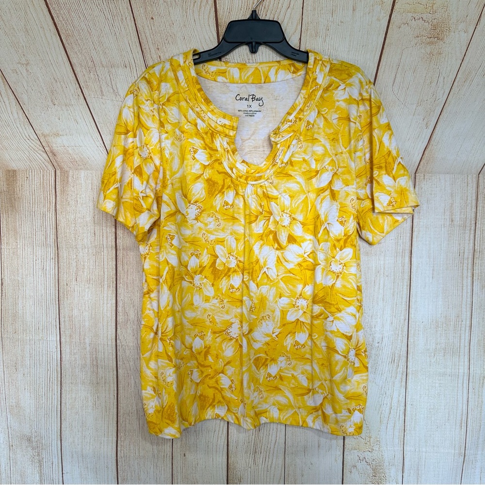 Coral Bay Yellow White Floral Scoop Neck Blouse 1X - Picture 5 of 5